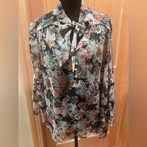 LC Boho Floral Sheer Tie Neck Tiered Bell Sleeve Blouse Whimsical Cottagecore L